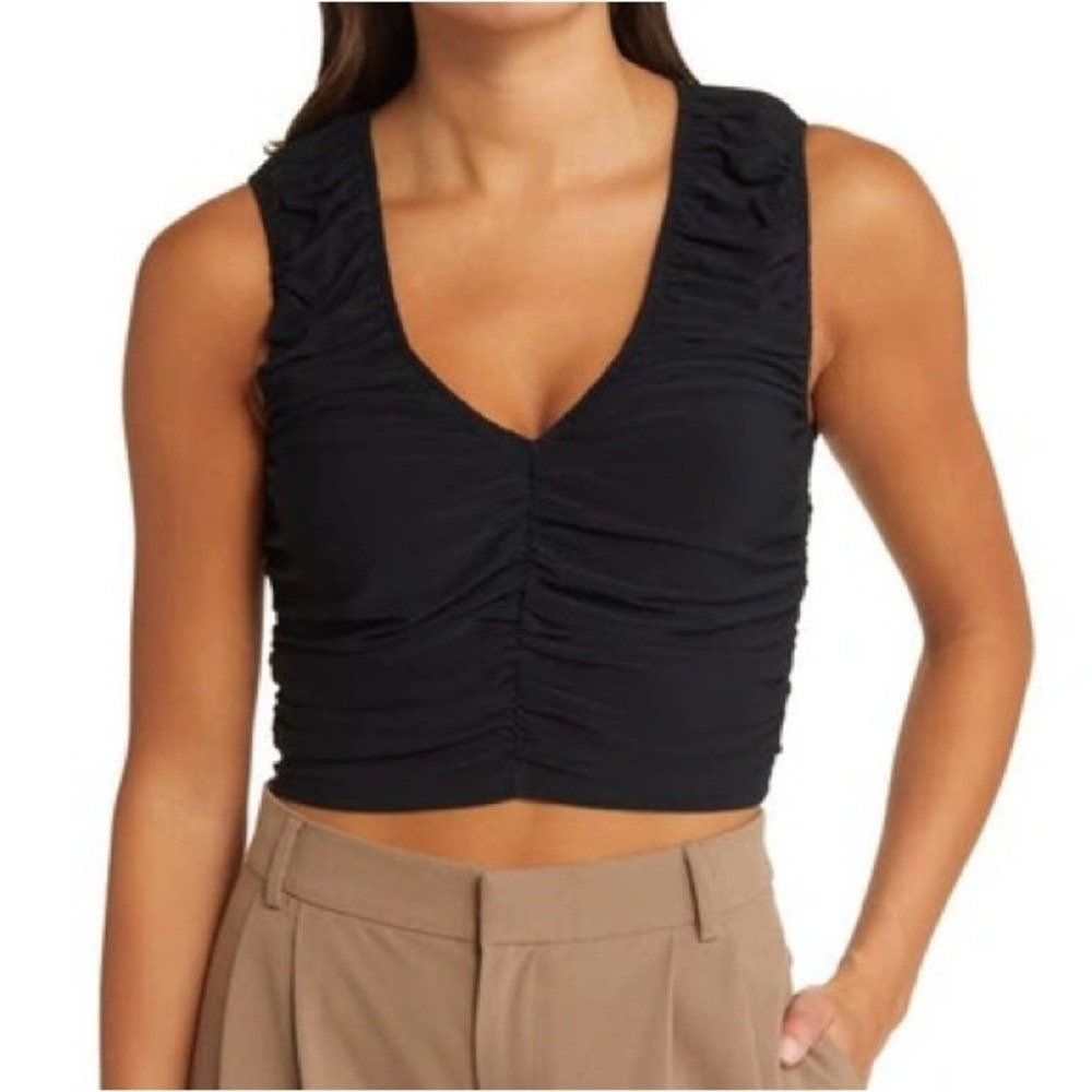 OPEN EDIT Ruched Sleeveless V-neck Top In Black Women's Size Small NWT